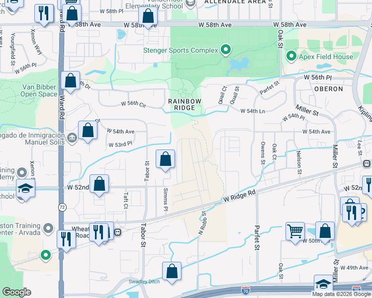 map of restaurants, bars, coffee shops, grocery stores, and more near 11766 West 53rd Place in Arvada