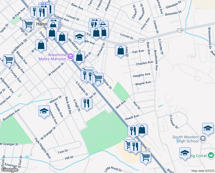 map of restaurants, bars, coffee shops, grocery stores, and more near 553 McAllister Street in Hanover