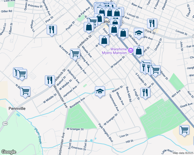 map of restaurants, bars, coffee shops, grocery stores, and more near 501 West Hanover Street in Hanover