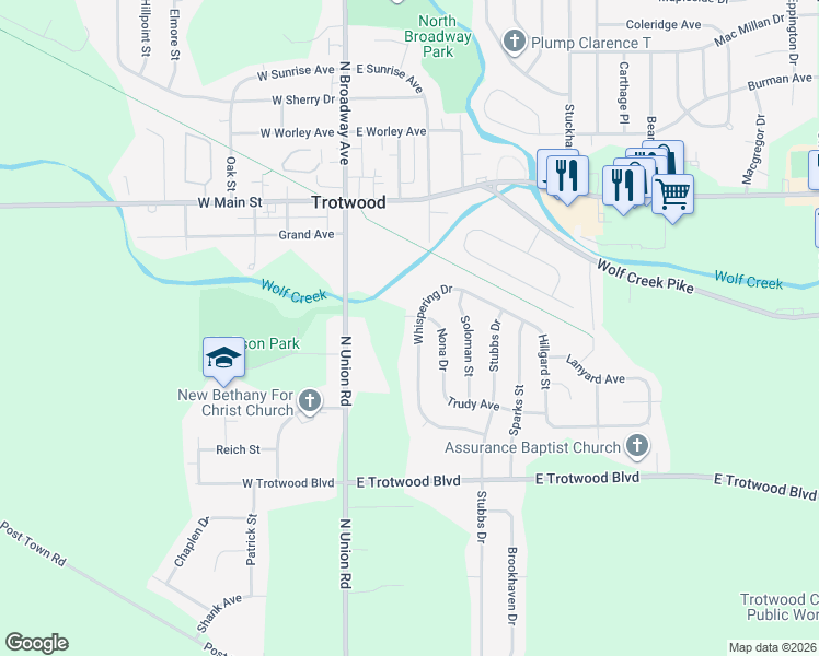 map of restaurants, bars, coffee shops, grocery stores, and more near 61 Whispering Drive in Dayton
