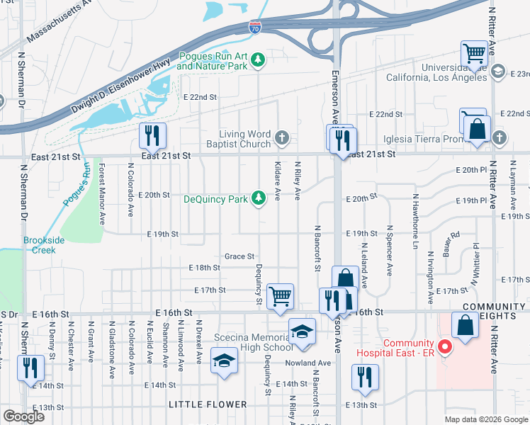map of restaurants, bars, coffee shops, grocery stores, and more near 1931 Dequincy Street in Indianapolis