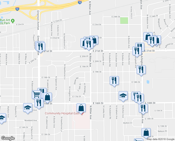 map of restaurants, bars, coffee shops, grocery stores, and more near 5482 East 19th Street in Indianapolis