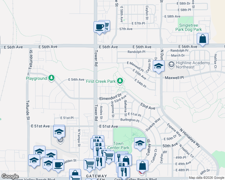 map of restaurants, bars, coffee shops, grocery stores, and more near 5390 Argonne Street in Denver