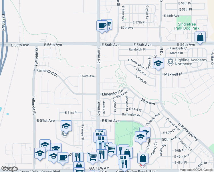 map of restaurants, bars, coffee shops, grocery stores, and more near 18678 East 54th Avenue in Denver
