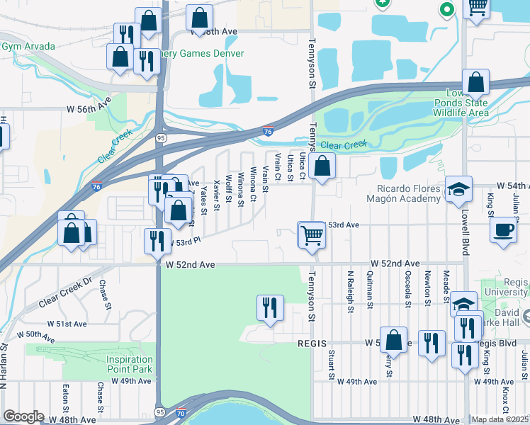 map of restaurants, bars, coffee shops, grocery stores, and more near 185 Vrain Street in Denver