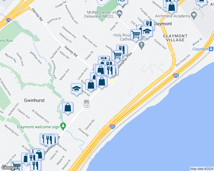 map of restaurants, bars, coffee shops, grocery stores, and more near 2616 Philadelphia Pike in Claymont