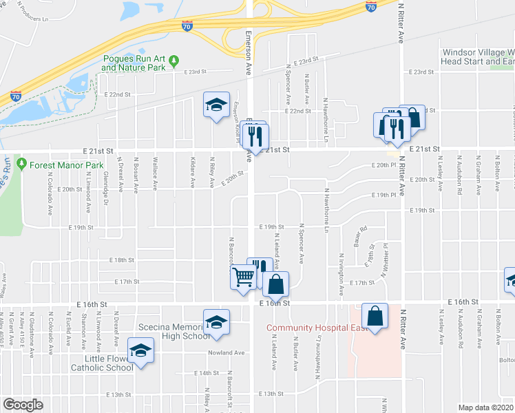 map of restaurants, bars, coffee shops, grocery stores, and more near 1928 North Emerson Avenue in Indianapolis
