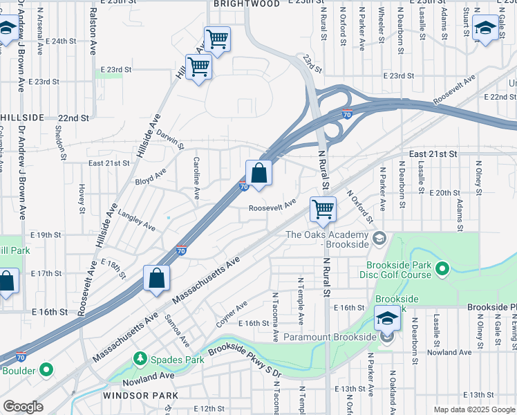 map of restaurants, bars, coffee shops, grocery stores, and more near 2407 Roosevelt Avenue in Indianapolis