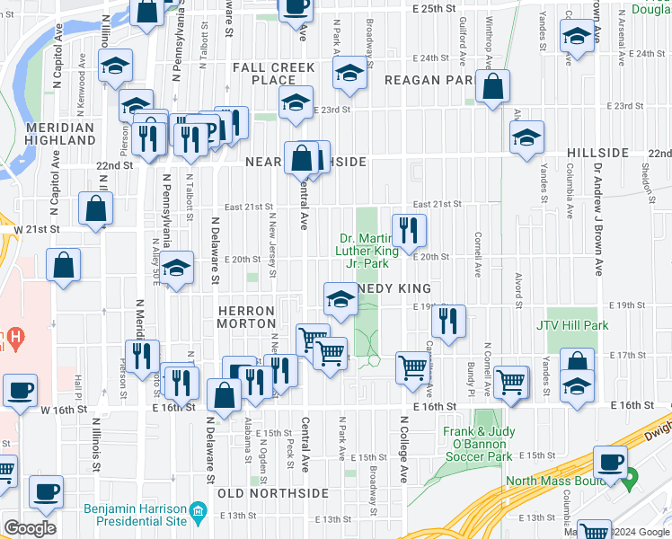 map of restaurants, bars, coffee shops, grocery stores, and more near 1951 Ruckle Street in Indianapolis