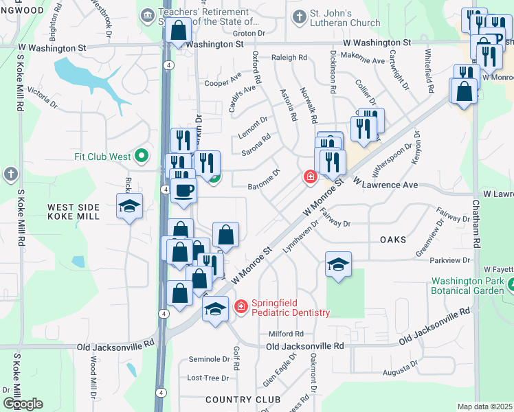 map of restaurants, bars, coffee shops, grocery stores, and more near 2651 Farragut Drive in Springfield
