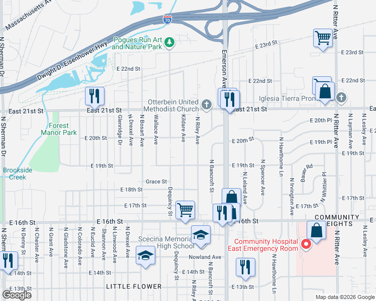 map of restaurants, bars, coffee shops, grocery stores, and more near 1931 Kildare Avenue in Indianapolis