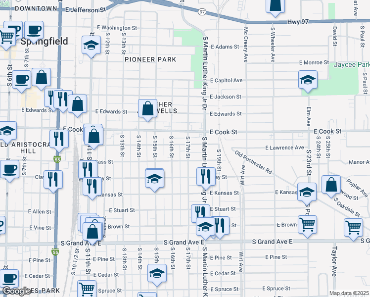 map of restaurants, bars, coffee shops, grocery stores, and more near 807 South 17th Street in Springfield