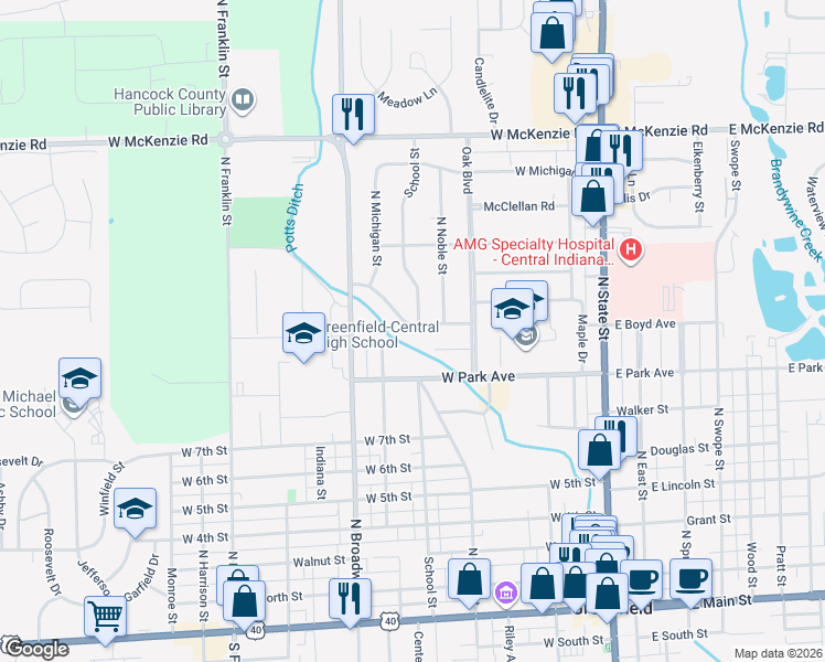 map of restaurants, bars, coffee shops, grocery stores, and more near 607 West Boyd Avenue in Greenfield
