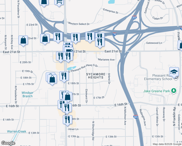 map of restaurants, bars, coffee shops, grocery stores, and more near 1843 Elmhurst Drive in Indianapolis