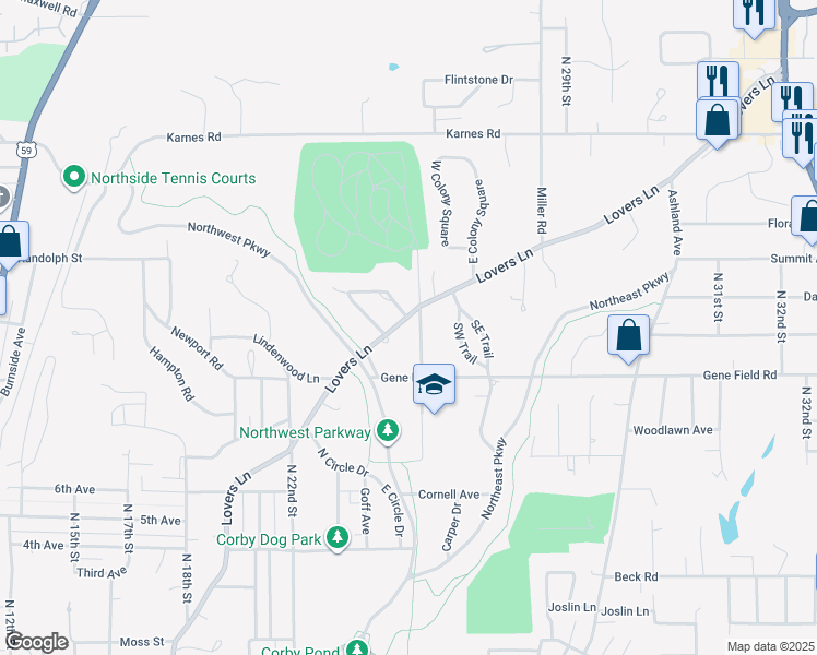 map of restaurants, bars, coffee shops, grocery stores, and more near 2520 Lovers Lane in Saint Joseph