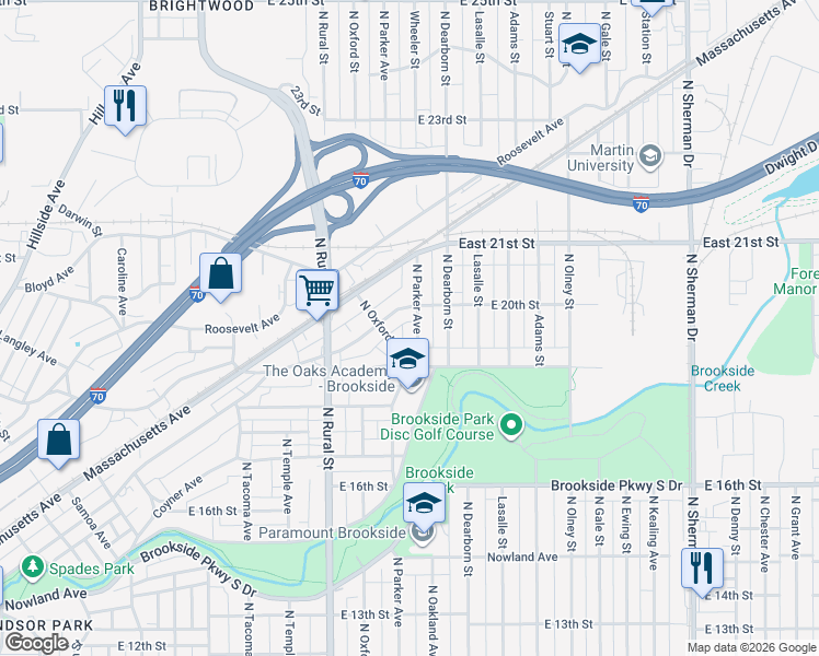 map of restaurants, bars, coffee shops, grocery stores, and more near 1936 North Parker Avenue in Indianapolis