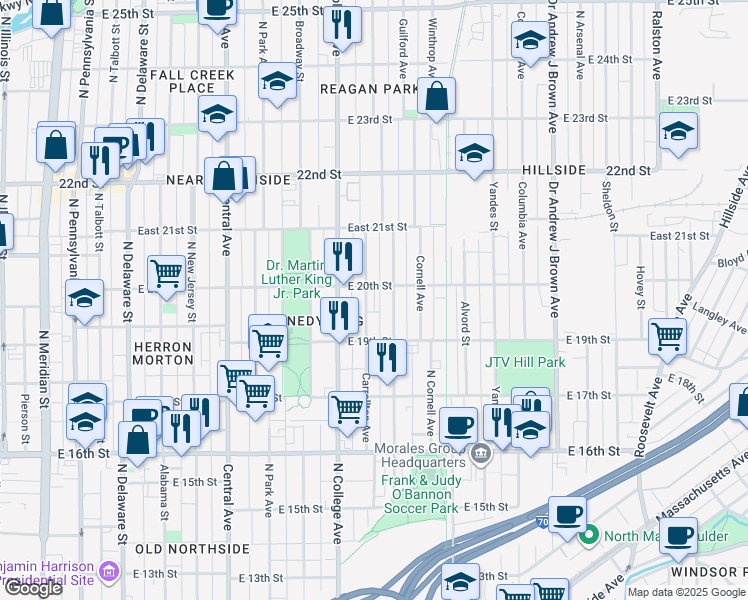 map of restaurants, bars, coffee shops, grocery stores, and more near 1947 Carrollton Avenue in Indianapolis