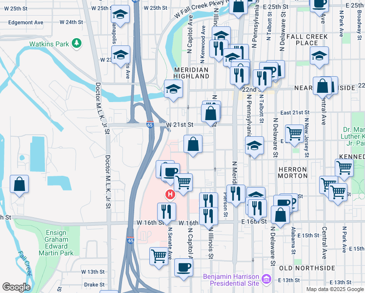 map of restaurants, bars, coffee shops, grocery stores, and more near 2014 North Capitol Avenue in Indianapolis