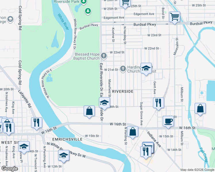 map of restaurants, bars, coffee shops, grocery stores, and more near 1914 Mansfield Street in Indianapolis