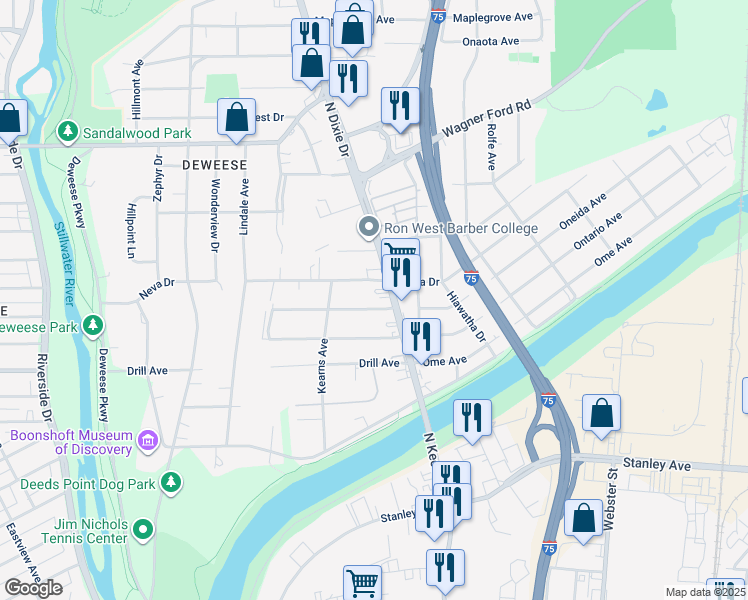 map of restaurants, bars, coffee shops, grocery stores, and more near 2049 Edgeworth Avenue in Dayton