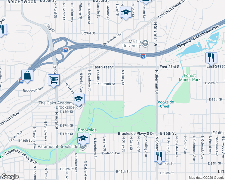 map of restaurants, bars, coffee shops, grocery stores, and more near 1940 Adams Street in Indianapolis