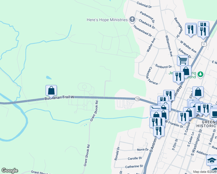 map of restaurants, bars, coffee shops, grocery stores, and more near 9044 Rosebud Drive in Greencastle