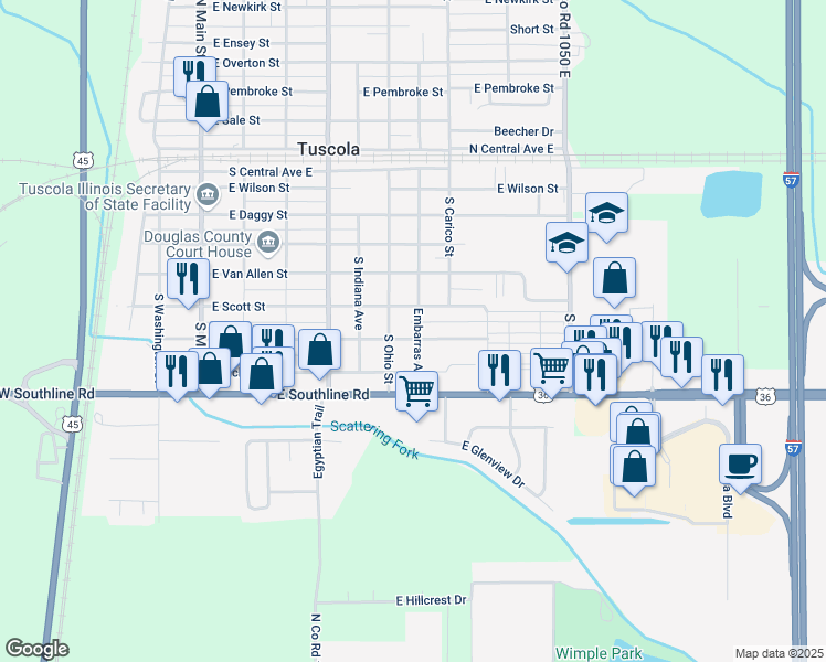 map of restaurants, bars, coffee shops, grocery stores, and more near 608 East Pinzon Street in Tuscola