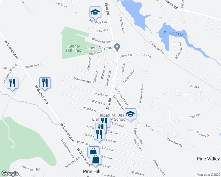 map of restaurants, bars, coffee shops, grocery stores, and more near 212 Erial Road in Pine Hill