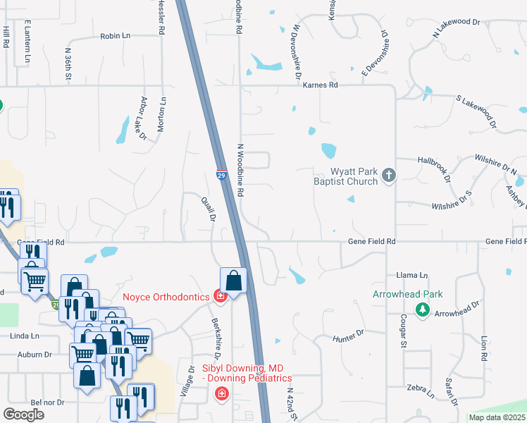 map of restaurants, bars, coffee shops, grocery stores, and more near 4009 Gene Field Road in Saint Joseph