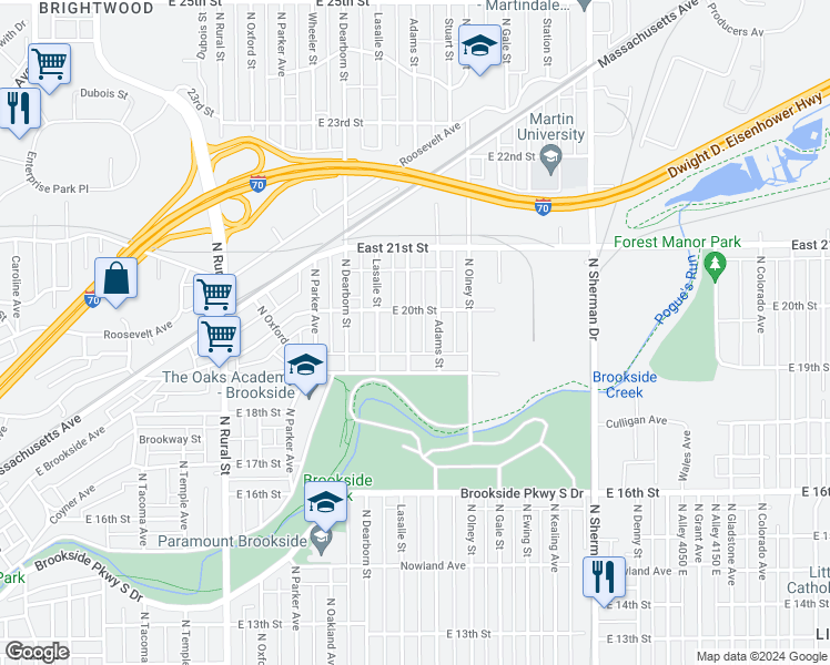 map of restaurants, bars, coffee shops, grocery stores, and more near 1937 Houston Street in Indianapolis