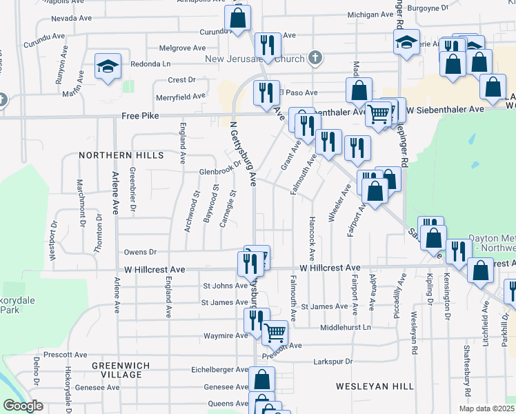 map of restaurants, bars, coffee shops, grocery stores, and more near 2634 North Gettysburg Avenue in Dayton