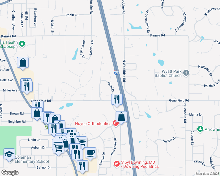 map of restaurants, bars, coffee shops, grocery stores, and more near 2806 Quail Drive in Saint Joseph
