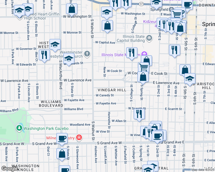 map of restaurants, bars, coffee shops, grocery stores, and more near 825 Henrietta Street in Springfield