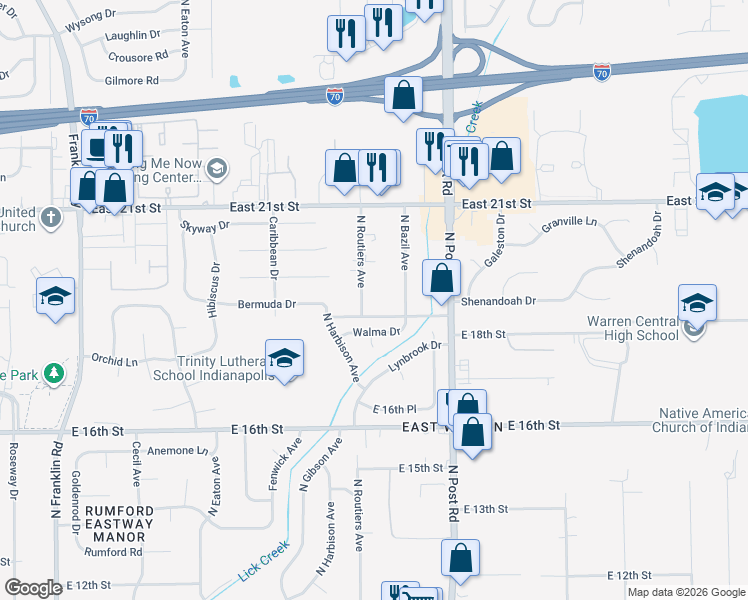 map of restaurants, bars, coffee shops, grocery stores, and more near 1821 North Routiers Avenue in Indianapolis