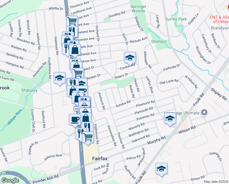 map of restaurants, bars, coffee shops, grocery stores, and more near 2217 Beaumont Road in Wilmington