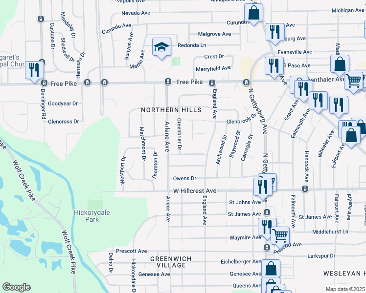 map of restaurants, bars, coffee shops, grocery stores, and more near 2514 Greenbrier Drive in Dayton
