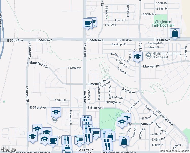 map of restaurants, bars, coffee shops, grocery stores, and more near 18678 East 54th Avenue in Denver