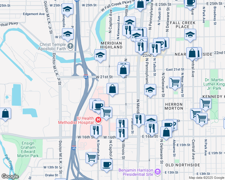 map of restaurants, bars, coffee shops, grocery stores, and more near 2014 North Capitol Avenue in Indianapolis