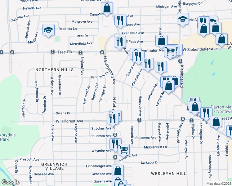 map of restaurants, bars, coffee shops, grocery stores, and more near 2634 North Gettysburg Avenue in Dayton