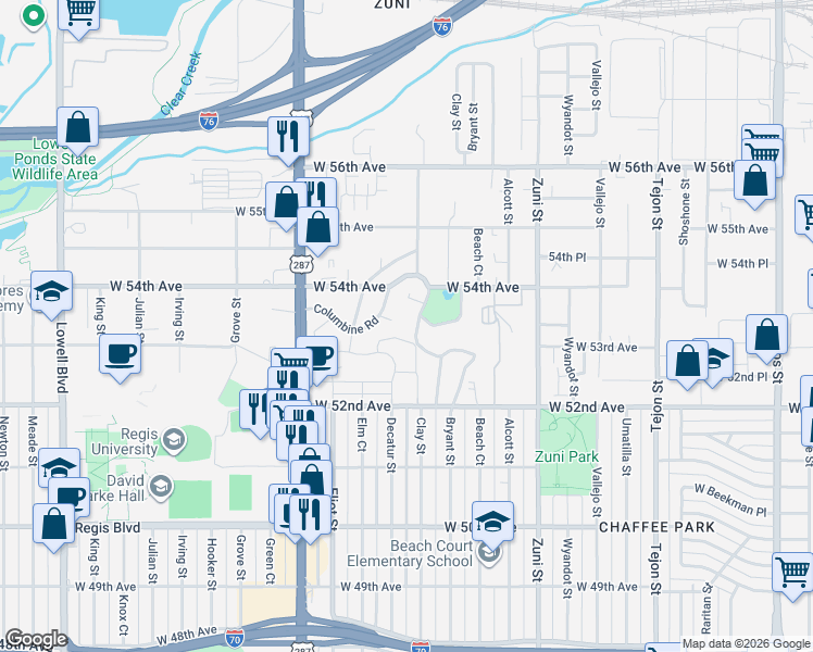 map of restaurants, bars, coffee shops, grocery stores, and more near 5341 Columbine Lane in Denver