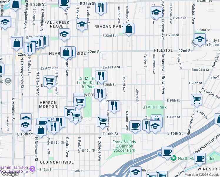 map of restaurants, bars, coffee shops, grocery stores, and more near 1947 Carrollton Avenue in Indianapolis