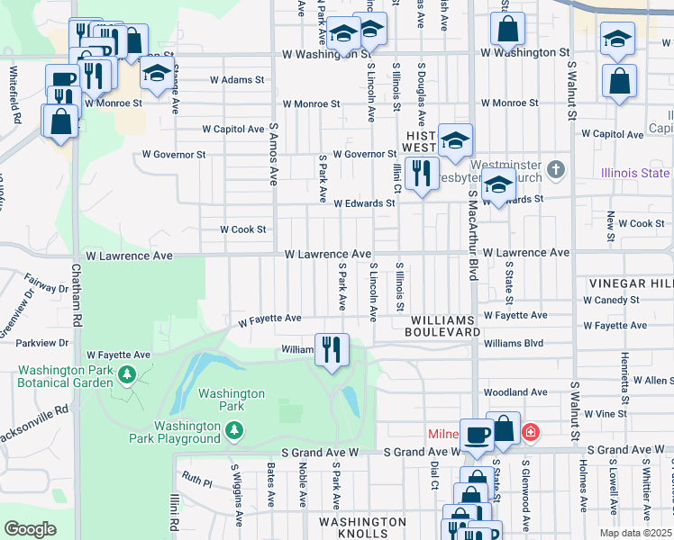 map of restaurants, bars, coffee shops, grocery stores, and more near 817 South Park Avenue in Springfield