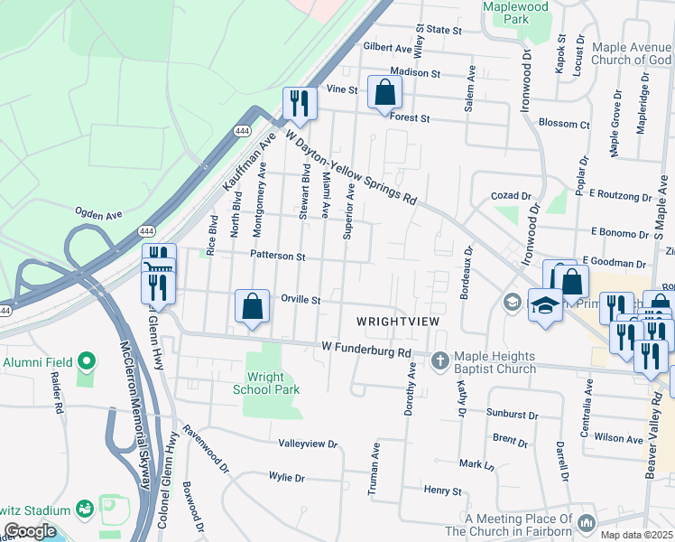 map of restaurants, bars, coffee shops, grocery stores, and more near 1809 Superior Avenue in Fairborn