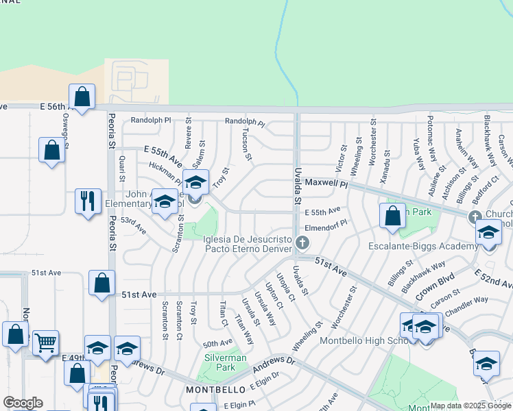 map of restaurants, bars, coffee shops, grocery stores, and more near 12955 East 55th Avenue in Denver