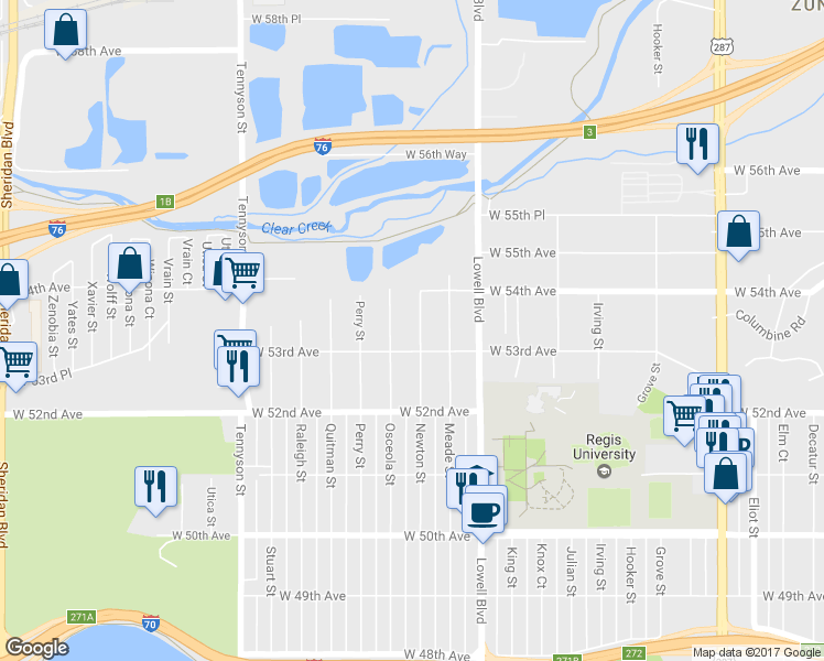 map of restaurants, bars, coffee shops, grocery stores, and more near 5337 Newton Street in Denver