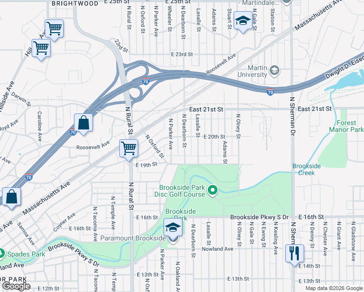 map of restaurants, bars, coffee shops, grocery stores, and more near 1942 North Dearborn Street in Indianapolis