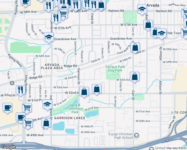 map of restaurants, bars, coffee shops, grocery stores, and more near 5353 Field Street in Arvada