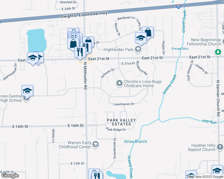 map of restaurants, bars, coffee shops, grocery stores, and more near 10225 Churchill Court in Indianapolis