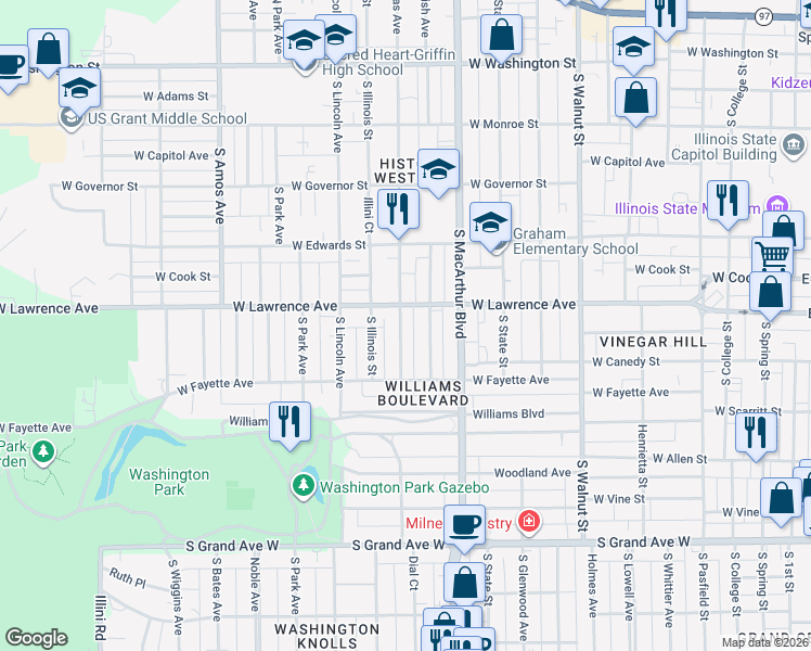 map of restaurants, bars, coffee shops, grocery stores, and more near 818 South Douglas Avenue in Springfield