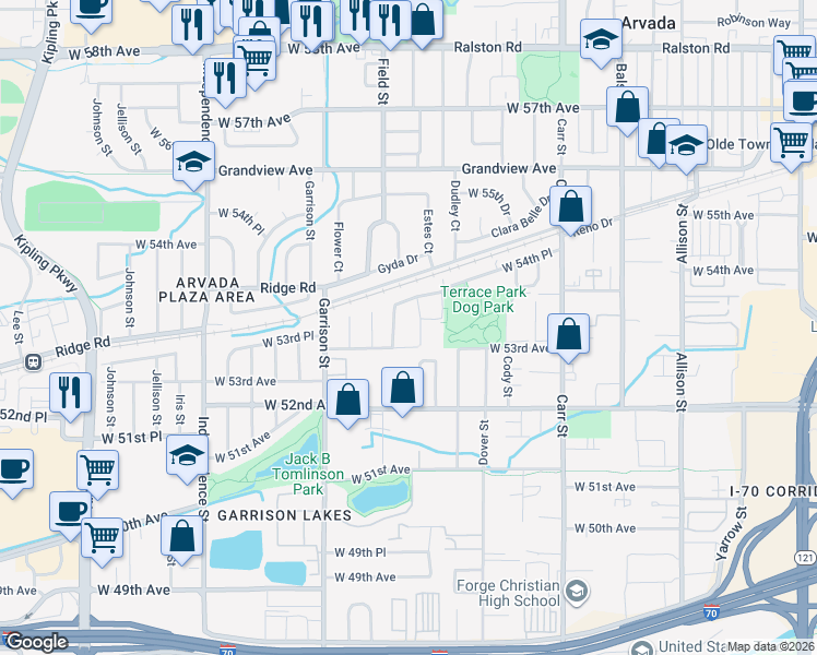 map of restaurants, bars, coffee shops, grocery stores, and more near 5353 Field Street in Arvada